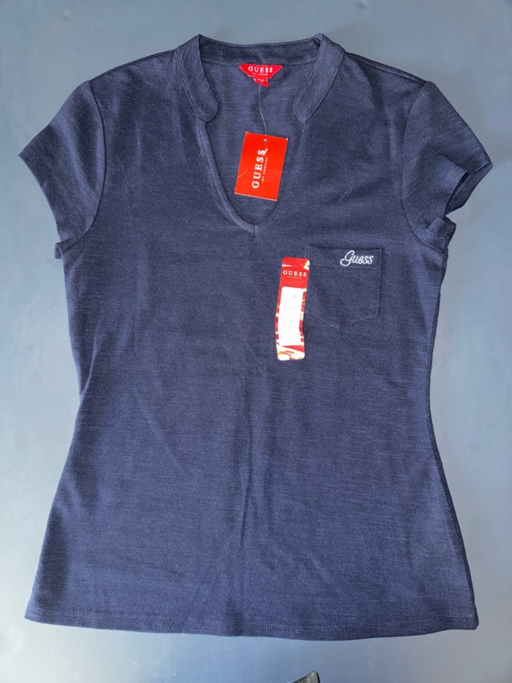 GUESS Navy V-Neck Short Sleeve Pocket Tee with Logo